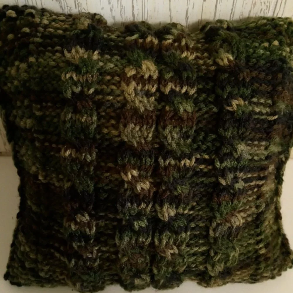 Hand Crafted Knit Cable Throw Pillow Tree Buttons Camo Cabin Sofa Couch